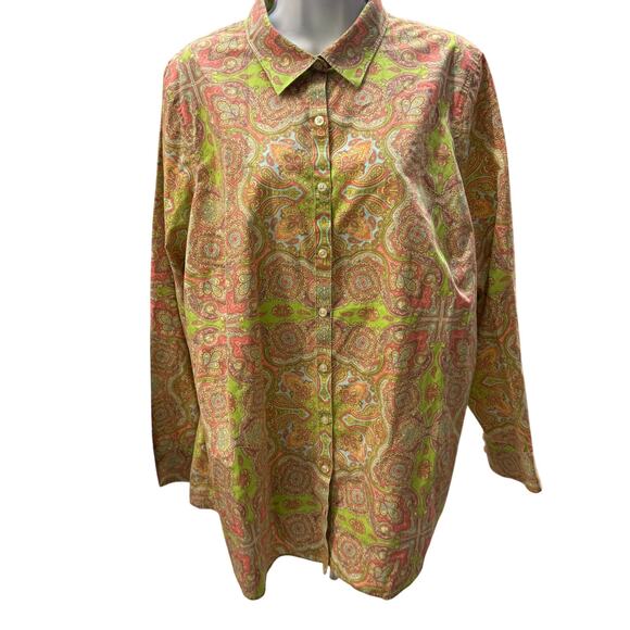 @Tab Tops - 🌿 Lands’ End 22W Women’s Vintage Green Paisley Button Shirt Boho Prep Top